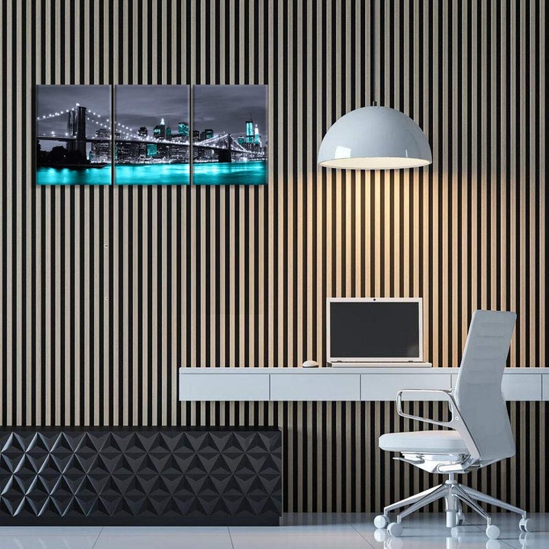 Visual Art Decor Black White and Teal Blue New York Brooklyn Bridge Cityscape Night Building Skyline Picture Canvas Prints Wall Art for Modern Home Office Bedroom Decoration - Image 2